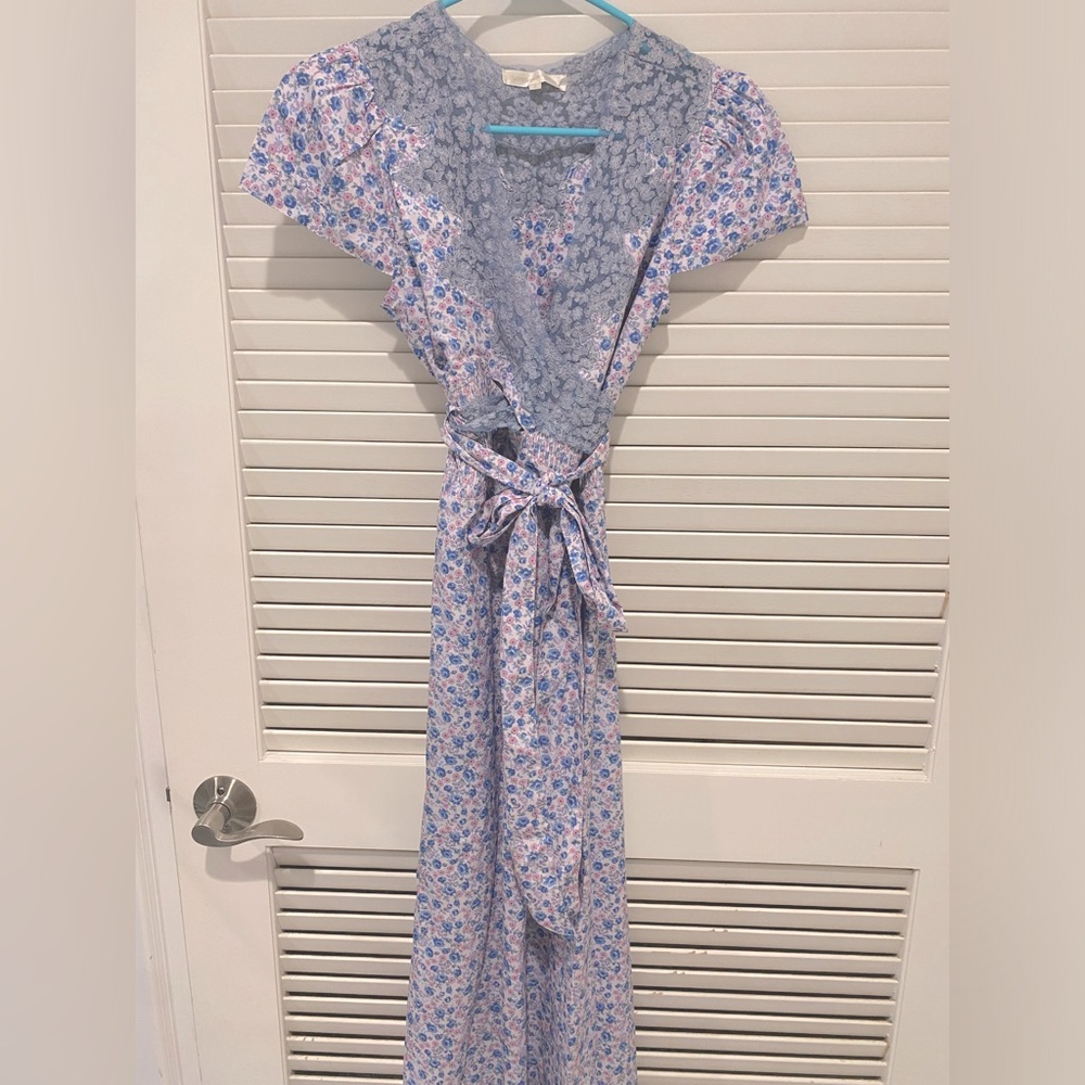 Love Shack Fancy Floral Wrap Dress with Lace Detail